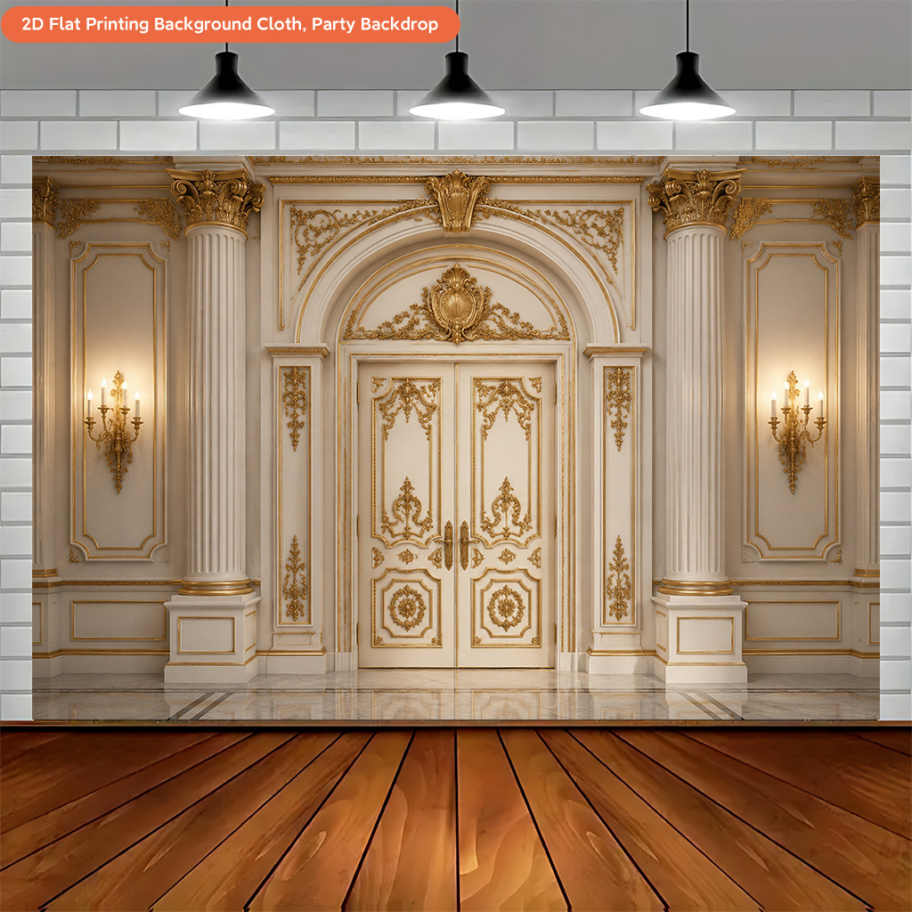 2D Flat Luxurious Palace Golden Door Photography Backdrop